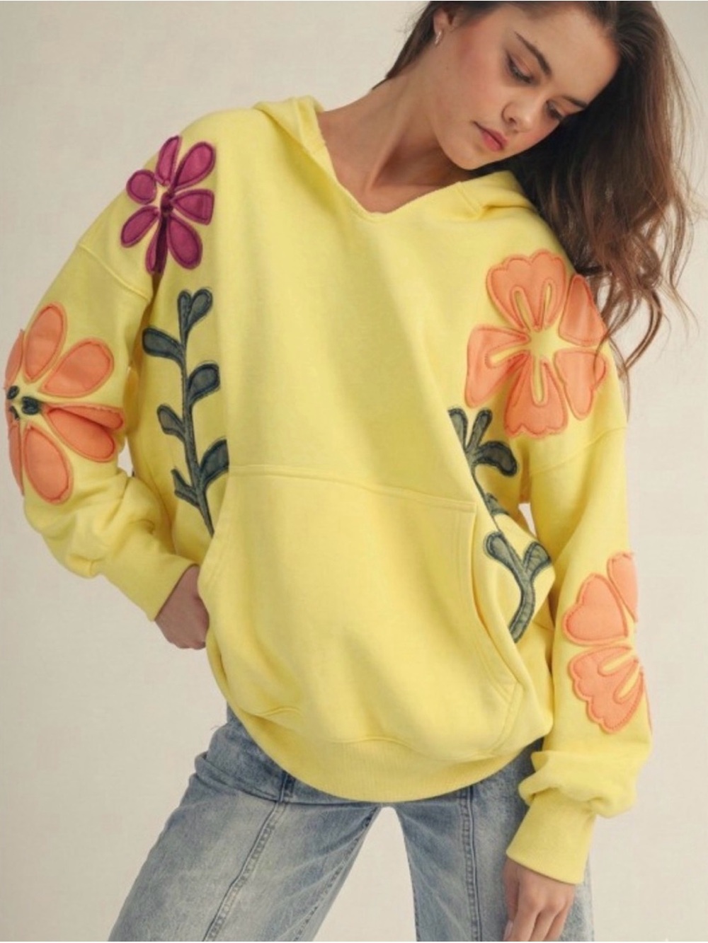 NWT Yellow Floral Appliqué Lov Lov Viral Hoodie! Sz SMALL